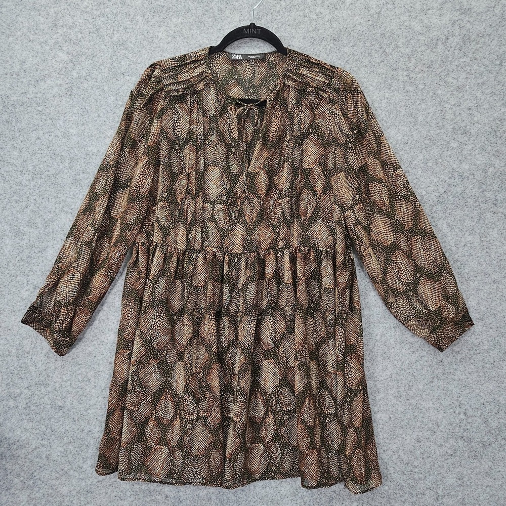 Peasant Shift Dress Women Medium ZARA Snakeskin Brown Sheer Flowy Boho Mini Fall